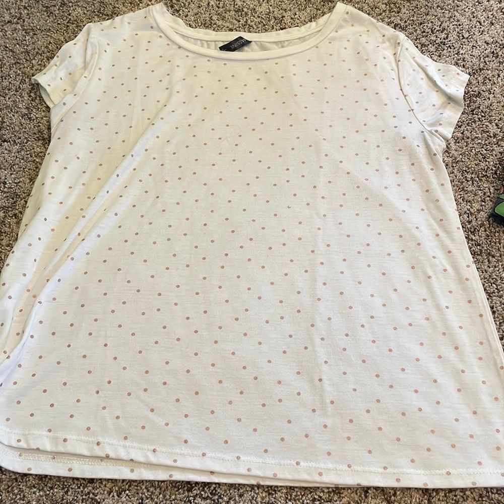 White tee with gold polka dots